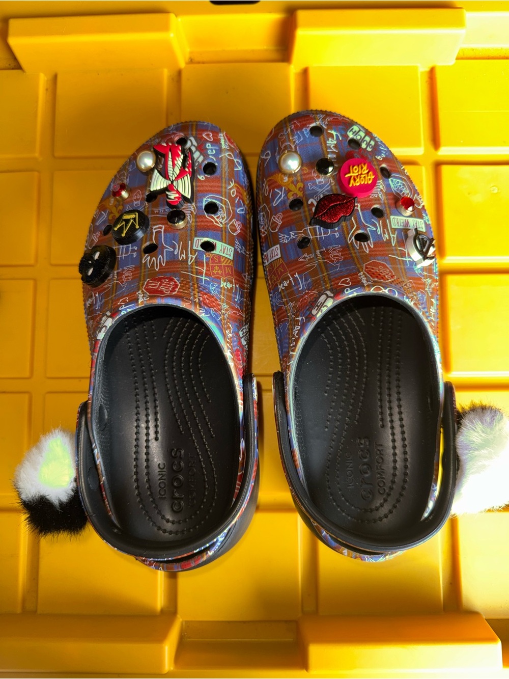 CROCS Brown Printed Clogs with Black Footbed and Colorful Charms
